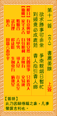 观音灵签11签，观音灵签第十一签：十一签 书荐姜维（上签）