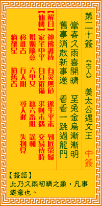 观音灵签20签，观音灵签第二十签：二十签 姜太公遇文王（中签）
