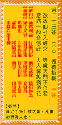 观音灵签23签，观音灵签第二十三签：二三签 怀德招亲（中签）