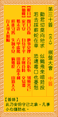 观音灵签30签，观音灵签第三十签：三十签 棋盘大会（中签）