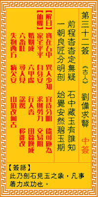 观音灵签32签，观音灵签第三十二签：三二签 刘备求贤（中签）