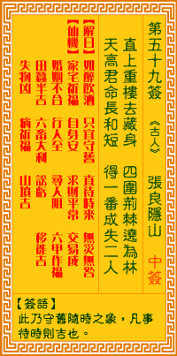 观音灵签59签，观音灵签第五十九签：五九签 张良隐山（中下签）