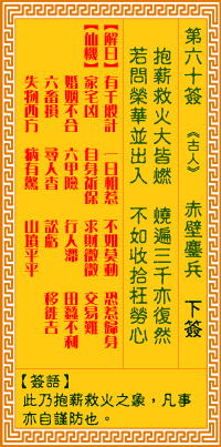 观音灵签60签，观音灵签第六十签：六十签 赤壁鏖兵（下签）