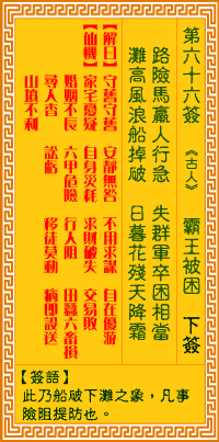 观音灵签66签，观音灵签第六十六签：六六签 霸王被困（下签）