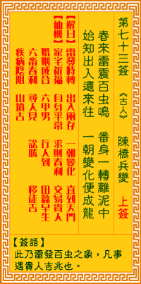 观音灵签73签，观音灵签第七十三签：七三签 陈桥兵变（上签）