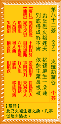 观音灵签82签，观音灵签第八十二签：八二签 火烧葫芦谷（中签）