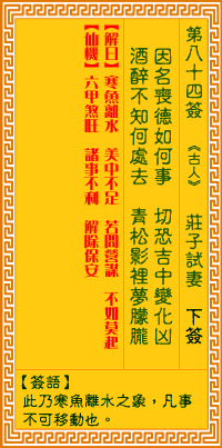 观音灵签84签，观音灵签第八十四签：八四签 庄子试妻（下签）