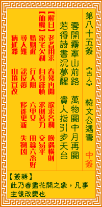 观音灵签85签，观音灵签第八十五签：八五签 韩文公遇雪（中签）