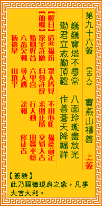 观音灵签96签，观音灵签第九十六签：九六签 窦燕山积善（上签）